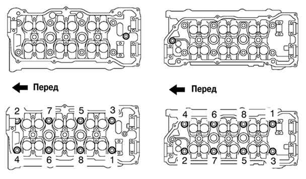 Порядок отворачивания болтов с внутренним шестигранником на каждой головке блока цилиндров Toyota Camry