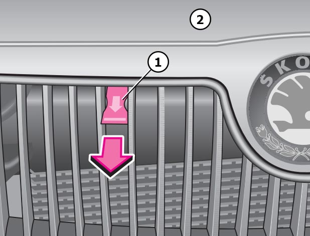 Схема расположения рычага предохранительного крючка в передней части капота автомобиля Skoda Fabia I
