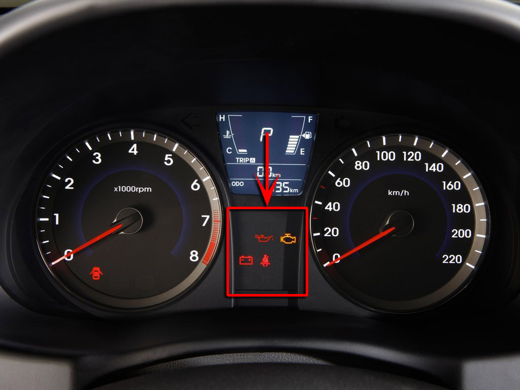 Расположение информационного дисплея в комбинации приборов на автомобиле Hyundai Solaris 2010-2016