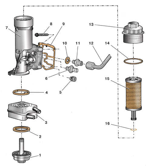 Схема деталей масляного фильтра дизельного двигателя автомобиля Skoda Fabia I