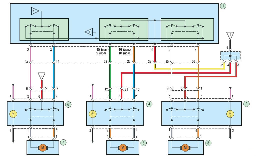 Схема проводки электростеклоподъемника передней пассажирской и задних дверей на автомобиле Hyundai Solaris 2010-2016