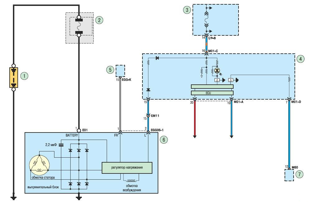 Схема проводки системы зарядки без AMS на автомобиле Hyundai Solaris 2010-2016