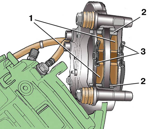 Схема установки тормозных колодок дискового тормозного механизма заднего колеса автомобиля Skoda Fabia I
