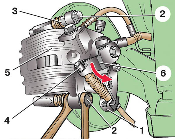 Схема отсоединения троса привода стояночного тормоза с задним дисковым тормозным механизмом автомобиля Skoda Fabia I