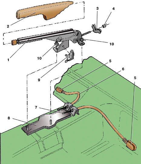 Схема установки рычага стояночного тормоза автомобиля Skoda Fabia I