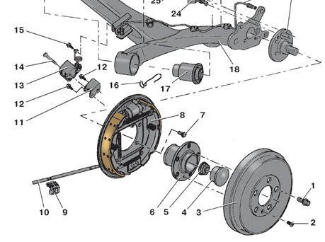 Схема отсоединения держателя троса стояночного тормоза от балки задней подвески автомобиля Skoda Fabia I