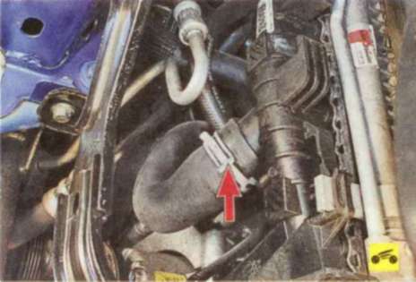 Осмотр соединения с радиатором подводящего шланга в автомобиле Ford Focus 2