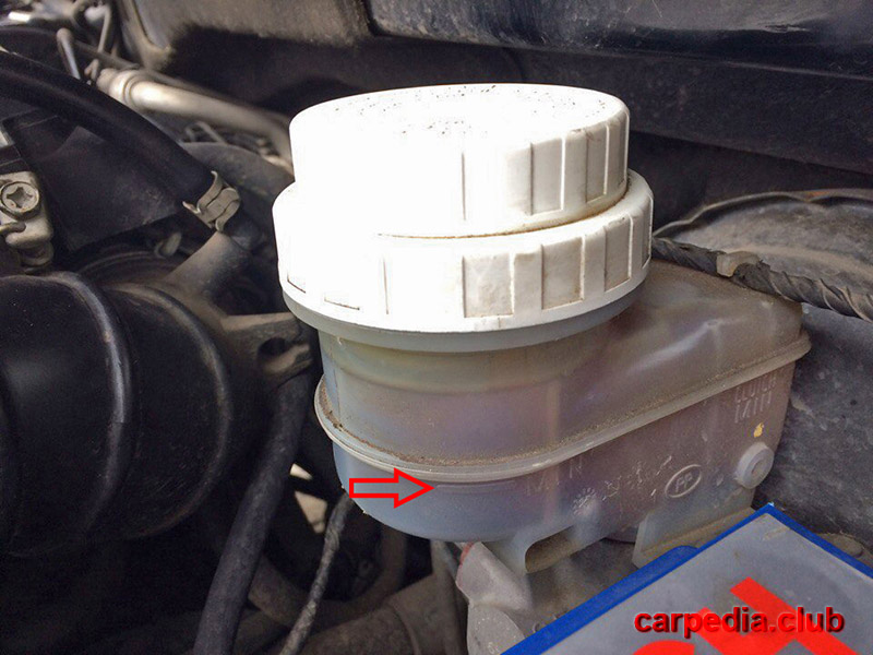 Расположение меток на бачке тормозной жидкости на автомобиле Mitsubishi Galant IX