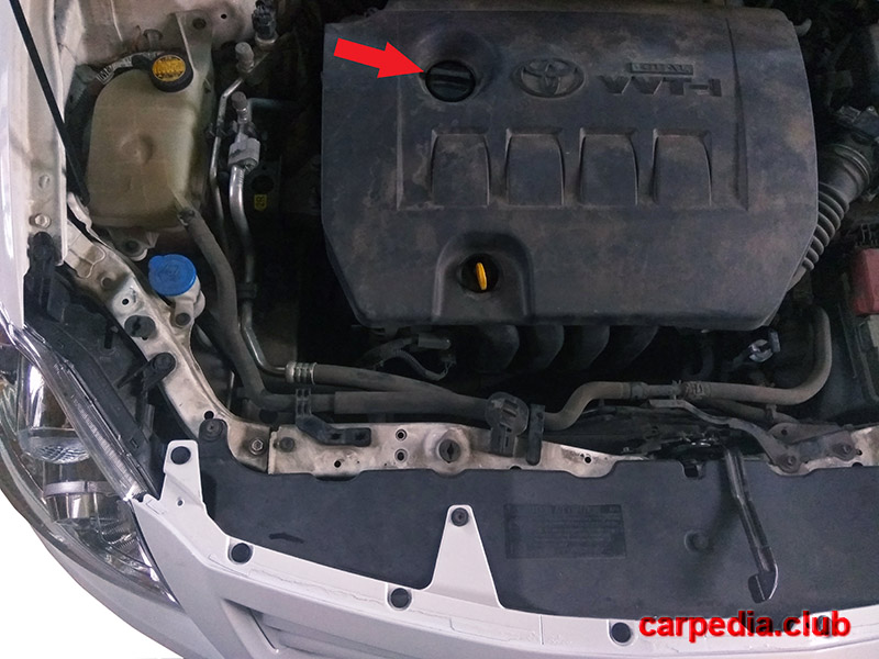 Расположение маслозаливной горловины двигателя Toyota Auris