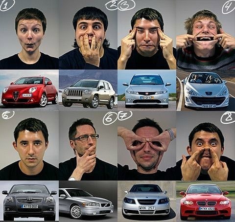 выражениями лица изображают марки разных автомобилей